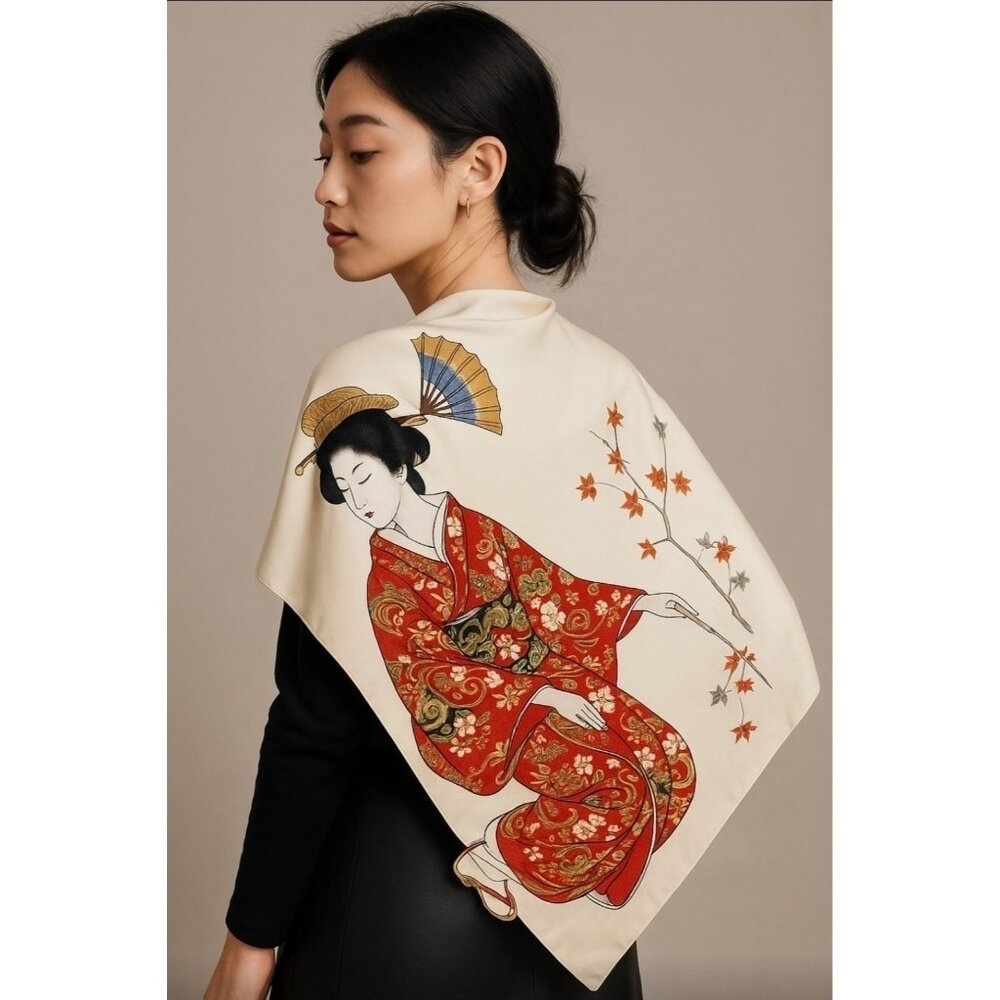 Vintage Japanese Scarf Geisha Kimono Art Print Red Gold Ivory Japan Size 28x 26